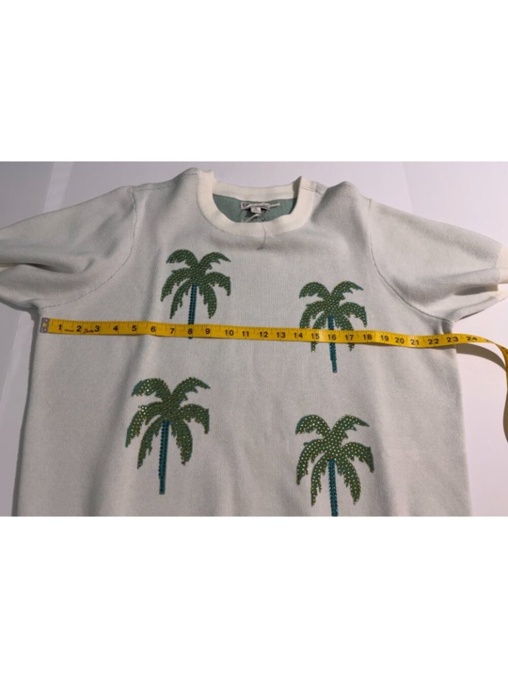Cato Palm Tree Sweater XL Top Embellished Tropical Beige Short Sleeve NWT - Picture 10 of 11